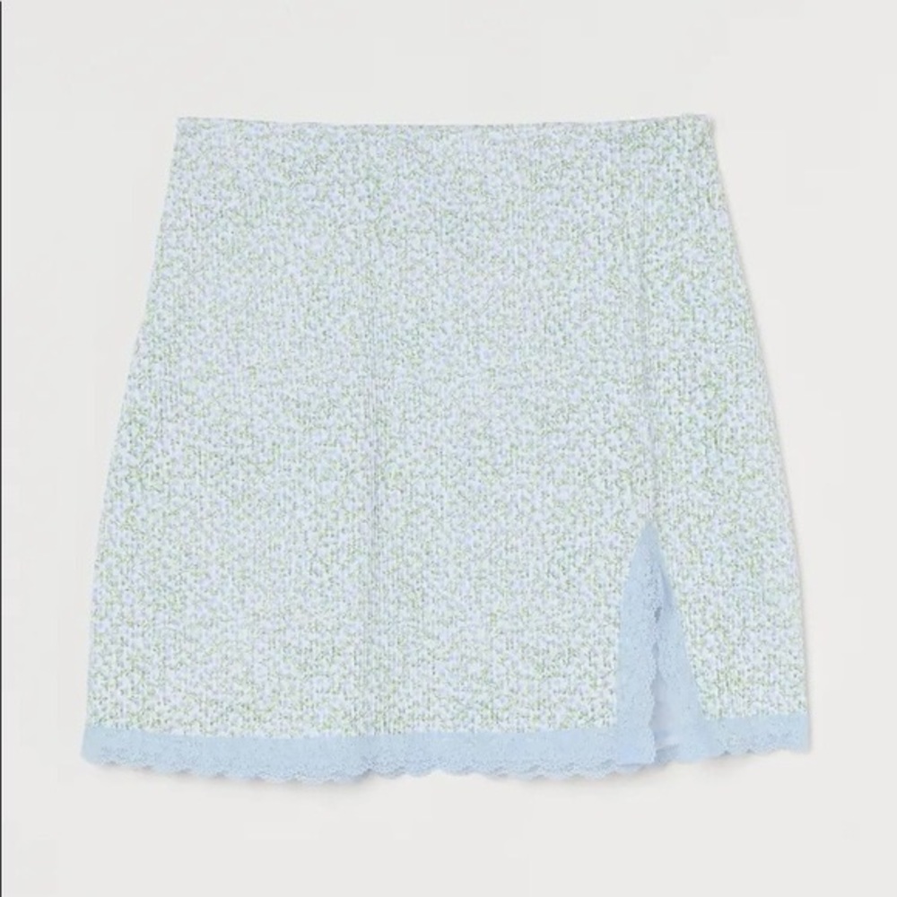 NWT H&M Divided Blue Green White Floral Lace Trim Fitted Jersey Skirt, XS